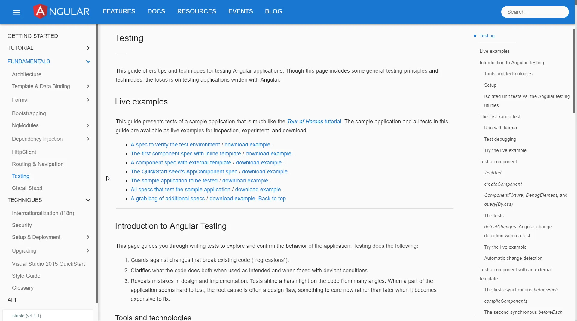 Angular testing guide, desktop view