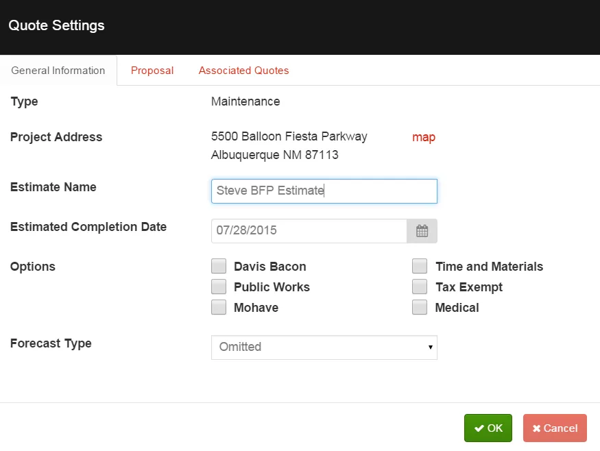 Price quote settings dialog
