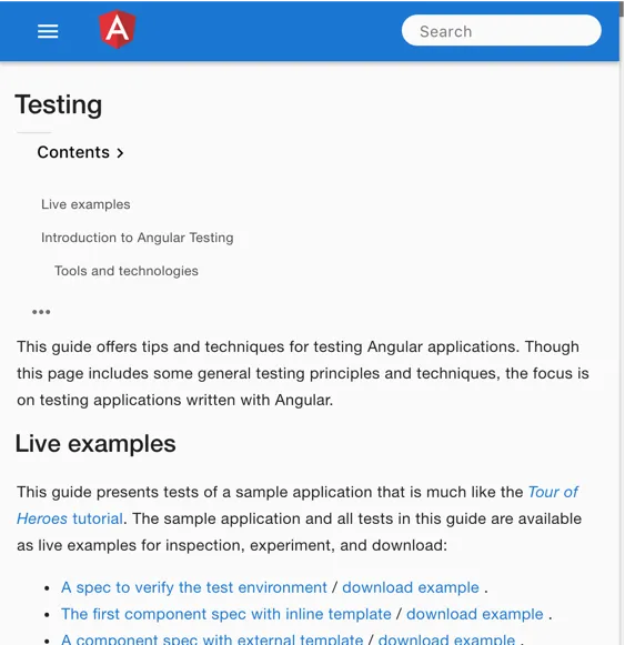 Angular testing guide, mobile view